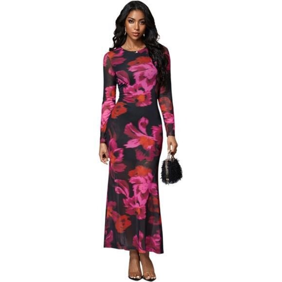 Women's Mesh Sleeve Maxi Dress Elegant Pink Black - Picture 1 of 5